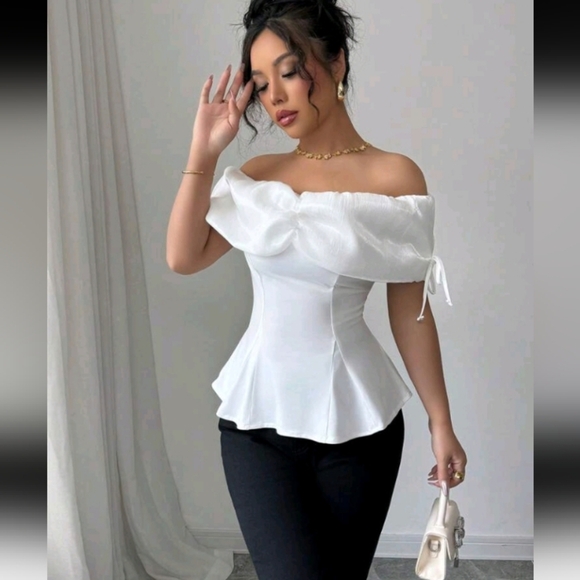 Women's Off-Shoulder Ruched Splice Short Sleeve Casual Elegant Shirt - Picture 1 of 4